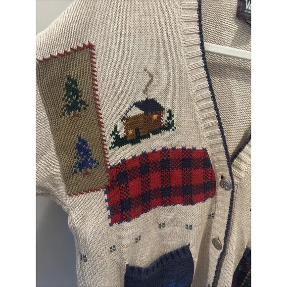 VTG Woolrich Cottage Core Cardigan Sweater Women's S Beige Patchwork - Picture 2 of 7
